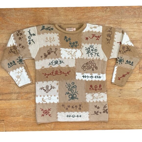 Vintage Floral Embroidered Sweater Womens Size Medium 1980s Knit Acrylic Blend - Picture 1 of 4